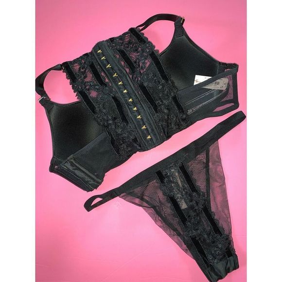 Victoria's Secret racerback 34C,34DDD BRA SET+M panty+ROBE SATIN BLACK embroider - Picture 6 of 7